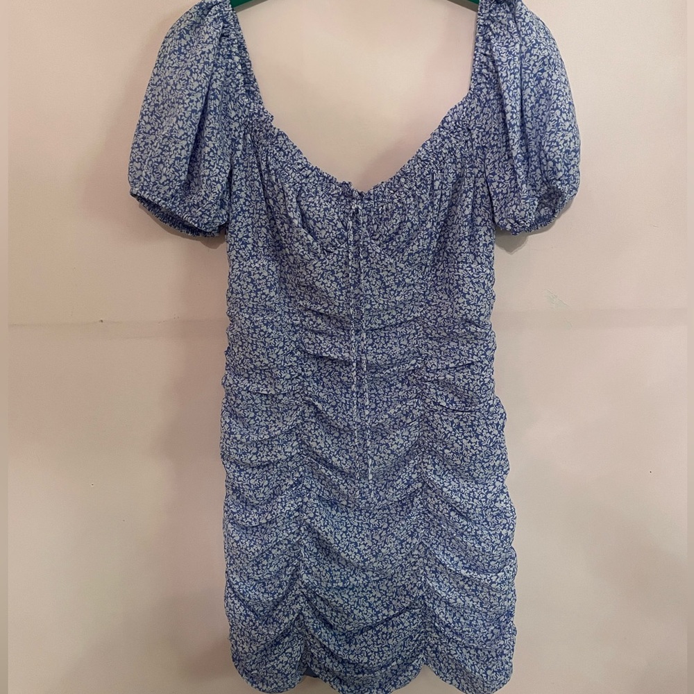 blue floral mini dress ruched & puff sleeve